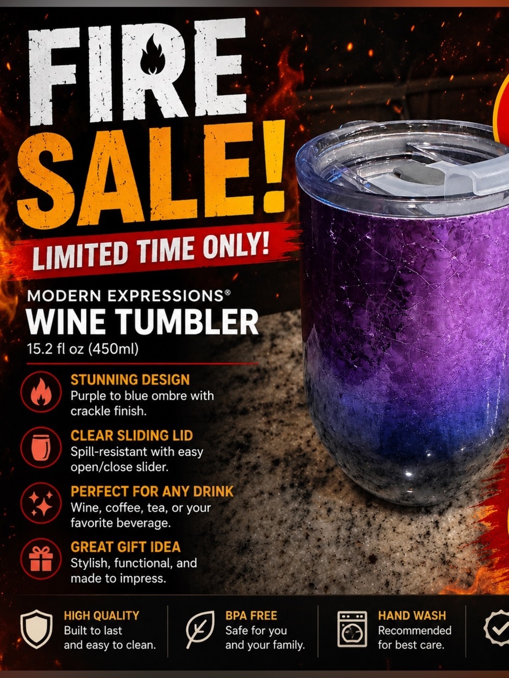 Hand Crafted Purple and Blue Insulated Wine Tumbler with Lid